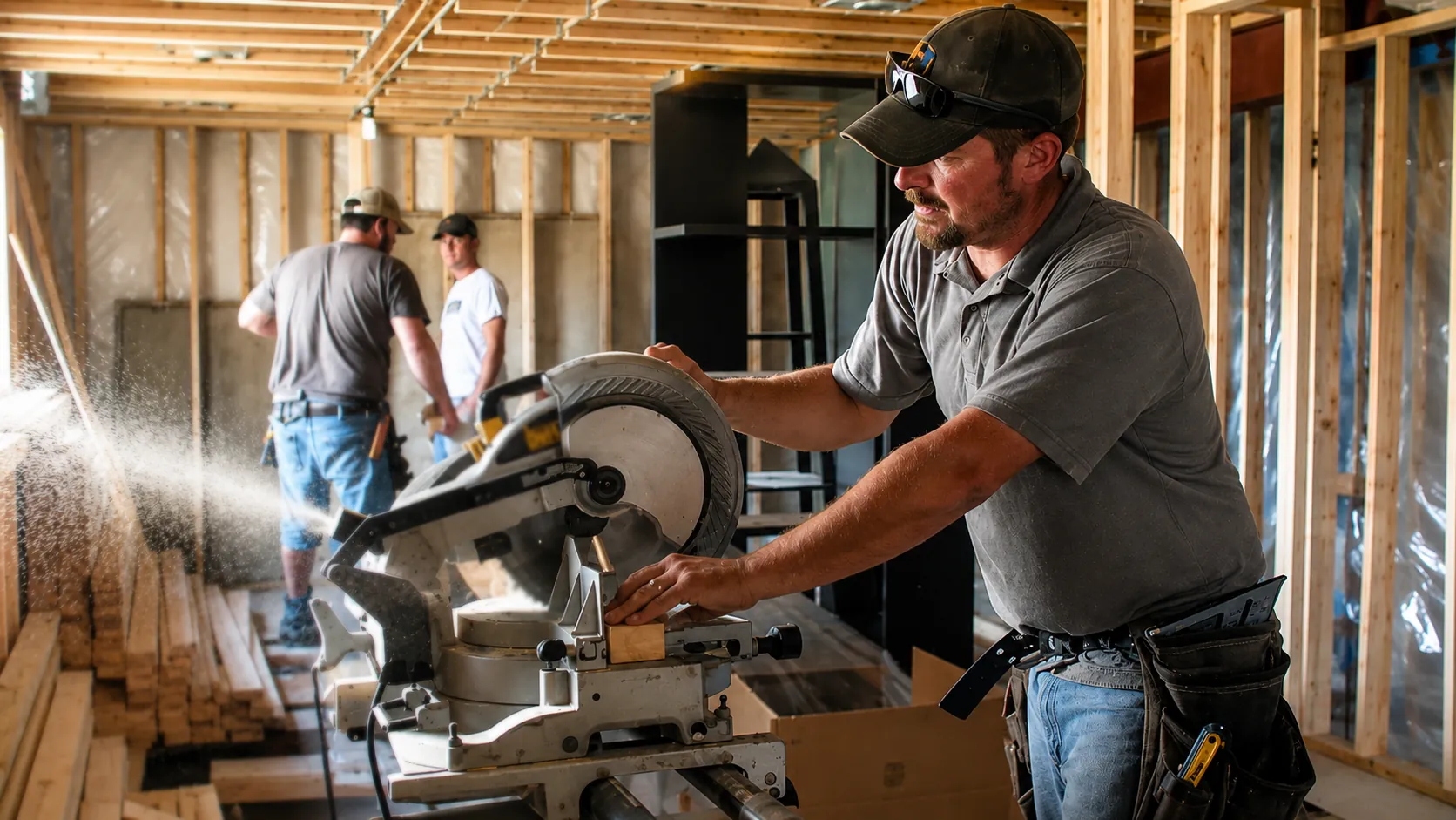 Contractor cutting wood on a table saw
